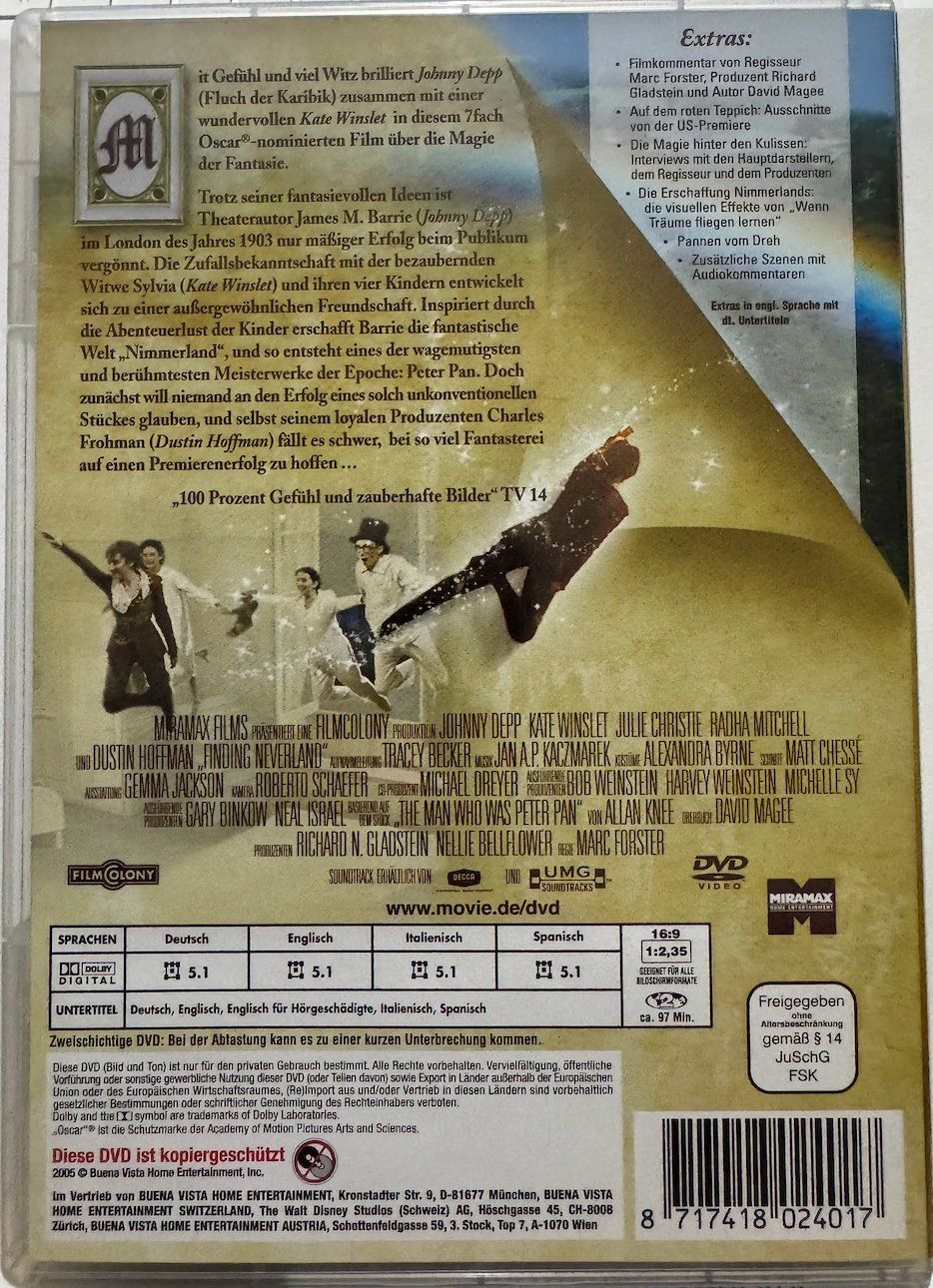 Tutti i DVDs: DVD - WENN TRÄUME FLIEGEN LERNEN - JOHNY DEPP - KATE WINSLET – Usato da Wisen venduto da gigisna 2