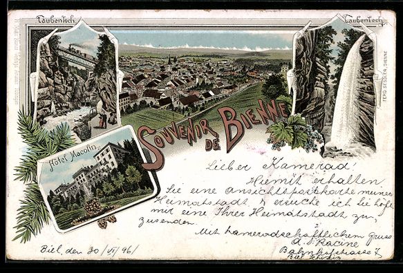 Ansichtskarten: Litho Bienne, Vue générale, Taubenloch – Gebraucht aus Berlin von bartko-reher