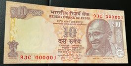 Indien 10 Rupees 2014 Neuwertig Serie 93C 000001 !!!!!
