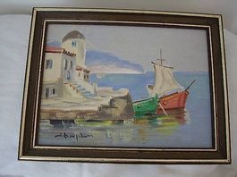 Ölgemälde "Griechischer Hafen" signiert gerahmt