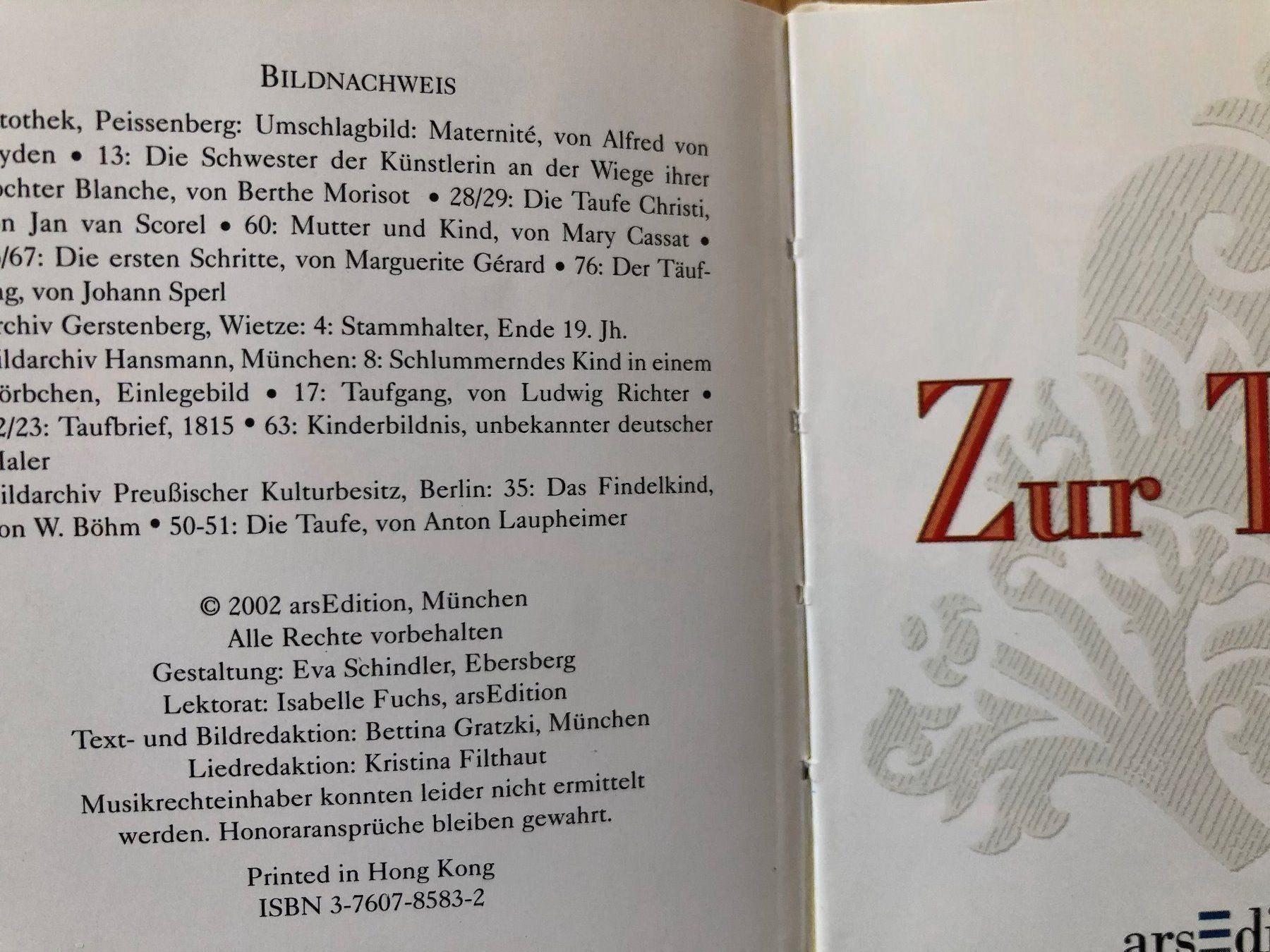 Bücher: Zur Taufe Ars Edition Büchlein – Gebraucht aus Basel von Cambes 1