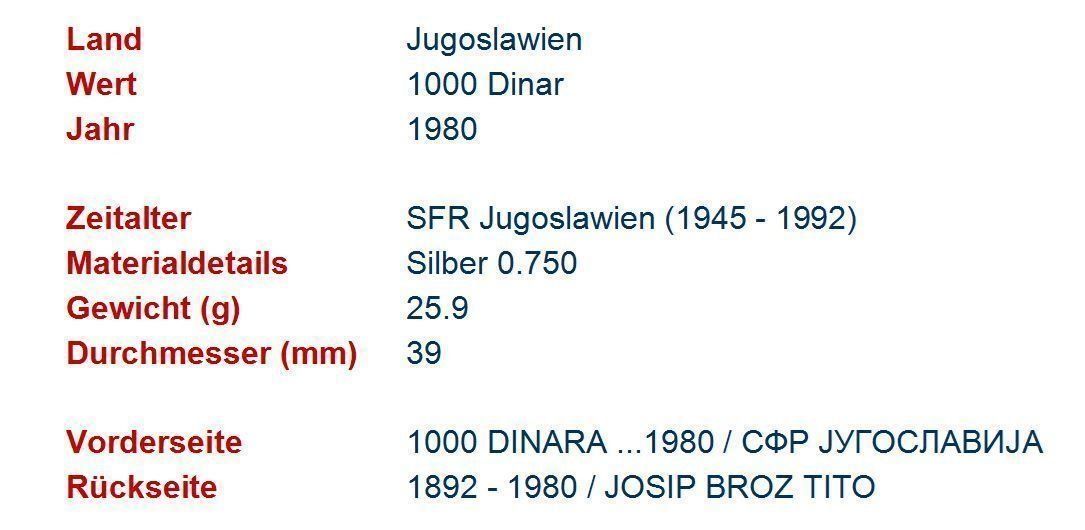 Tutti le monete: 1000 Dinar 1980 Silber UNZ – Usato da Flamatt venduto da samowarow 1