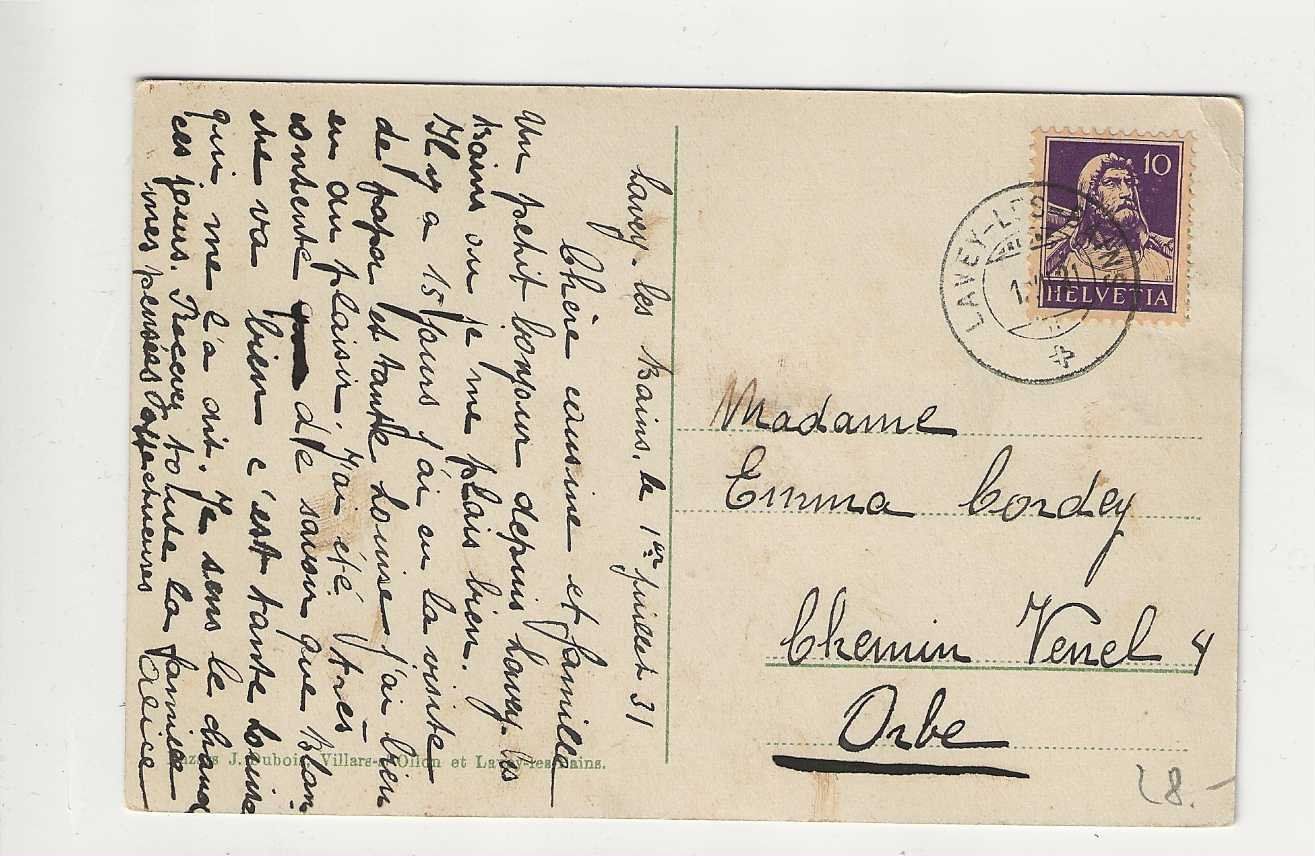 Cartoline postali: Lavey-les-Bains, 1931 – Usato da Spiez venduto da Niesen20 1