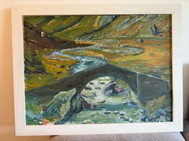 Landschaft Malerei Stein Brücke Berg Fluss Signiert Öl