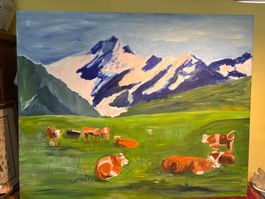 Gemälde Berglandschaft mit Kühen verm. Acryl 80*100cm