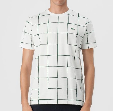 Lacoste Herren T-Shirt, Grösse L, Weiss mit Karo Muster