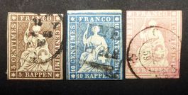 SWITZERLAND 1857–1859: «Strubeli», 3 timbres oblitérés