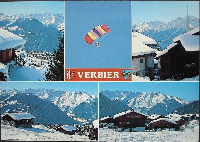 Cartoline postali: VERBIER Skifahrer mit Gleitschirm – Usato da Jona venduto da philajona