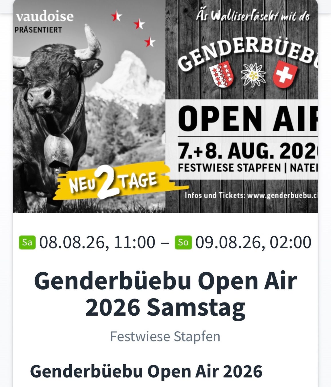 Biglietti: Genderbüebu Open Air 2026 – Nuovo (secondo la descrizione) da Glis venduto da FireFighter84