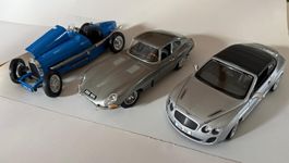 3 Modelle: Bugatti, Jaguar E-Type, Bentley Continental 1:18