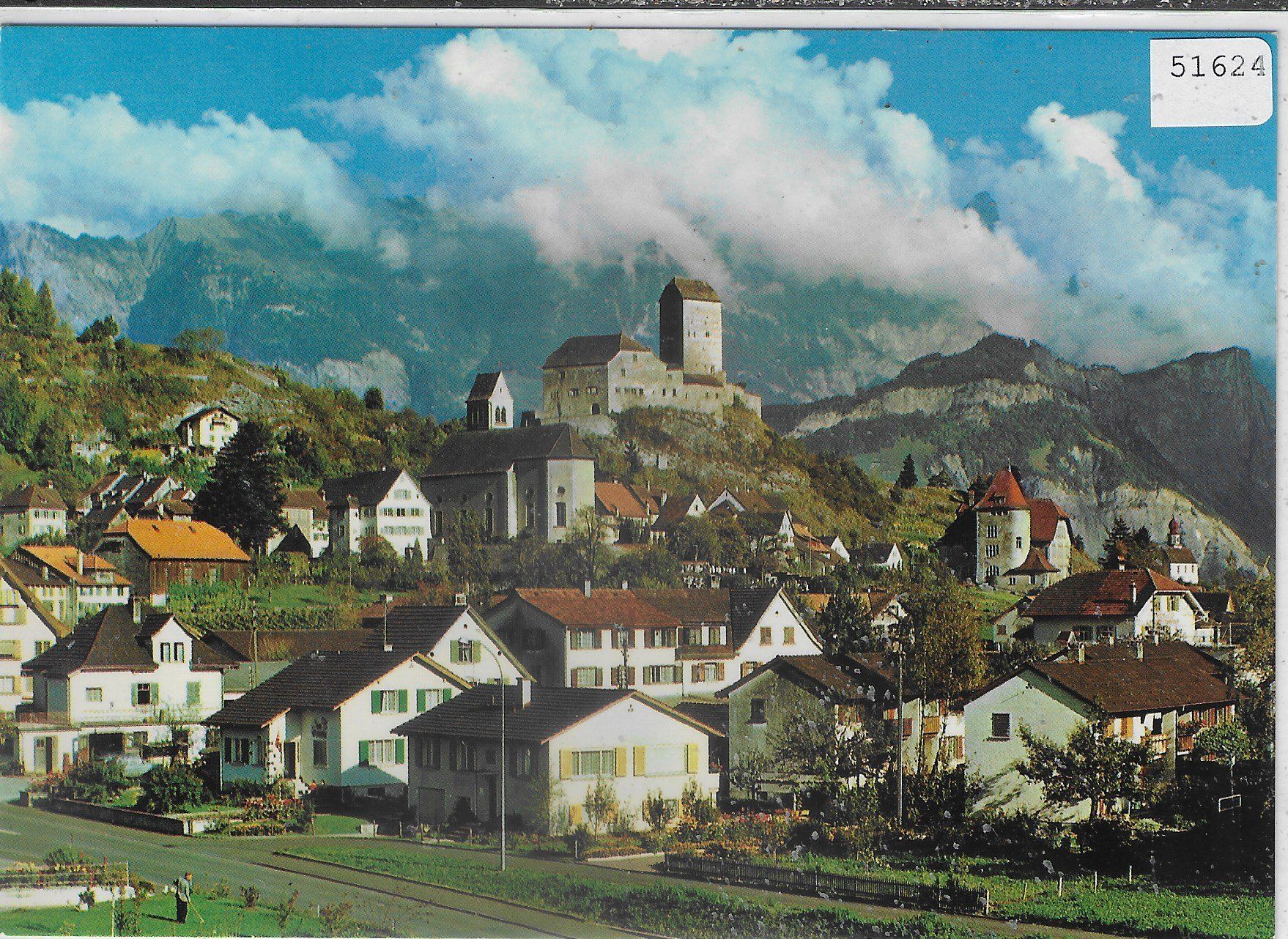 Cartoline postali: Sargans Dorfpartie mit Schloss – Usato da Ettingen venduto da Kartenplanet