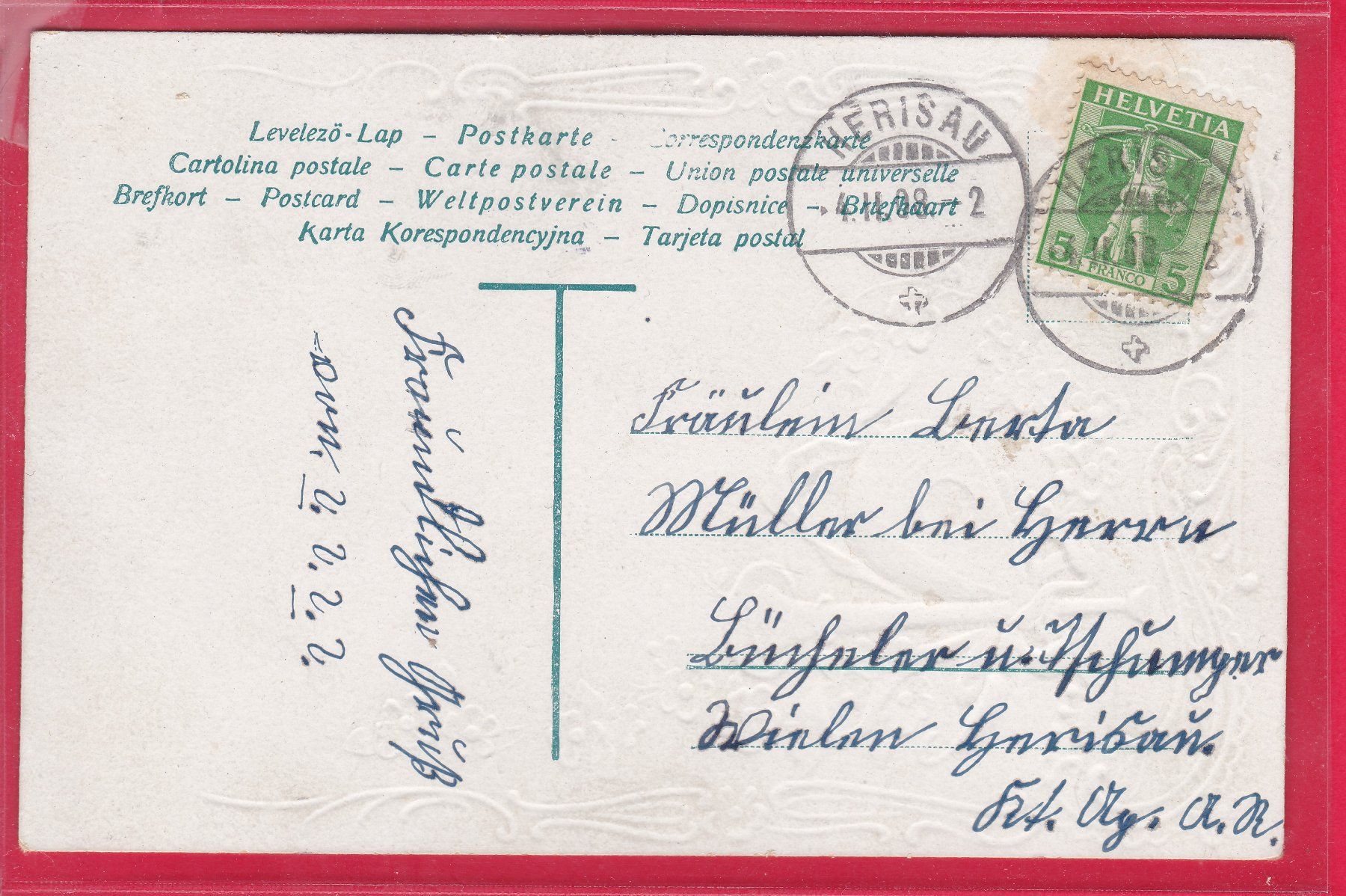 Ansichtskarten: PRÄGE, VERGISS MEIN NICHT, 4.2.1908 – Gebraucht aus Oberrieden von Gebirgsstelze 1