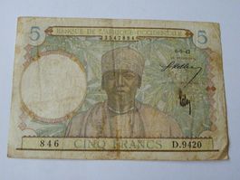 Alte 5 Francs Banknote Afrique Occidentale, 1942, Top!