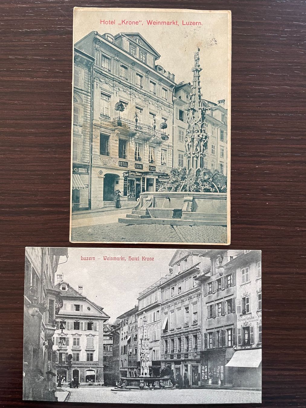 Cartoline postali: LUZERN Hotel Krone, Weinmarkt, Brunnen, 2 Ansichtskarten – Usato da Wald ZH venduto da TLILEF