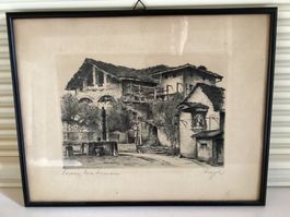 Lithographie, Losone, Tessinerhaus, signiert Ziegler