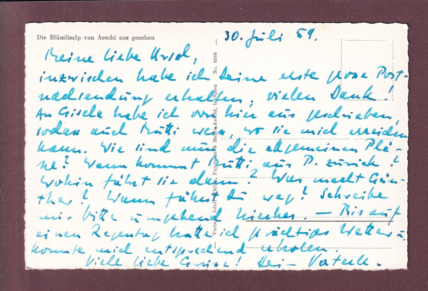 Cartoline postali: BLÜMLISALP von Aeschi aus - 1959 – Usato da Pully venduto da nicecards 1
