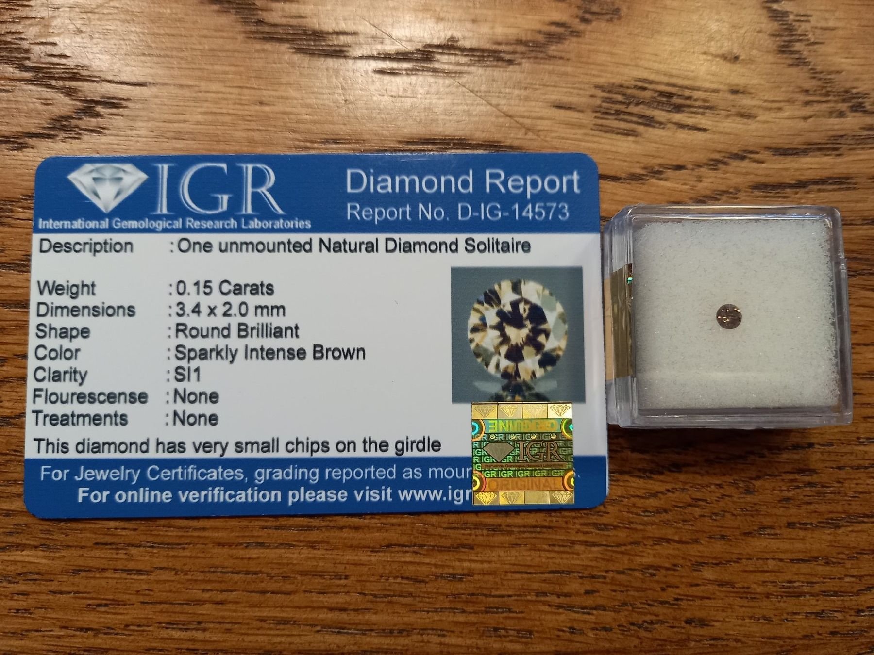 Edelsteine: 0.15 cts. CERTIFIED Diamond, SI1, Sparkly Intense Brown – Gebraucht aus Aarau von Reto_BA_01 1