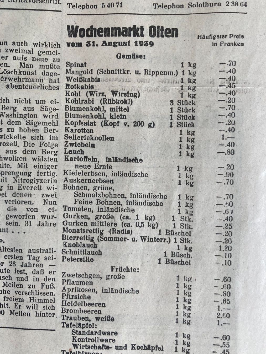Riviste & Magazine: Oltner Tagblatt , Freitag 1. September 1939 – Usato da Subingen venduto da ArtBead 8
