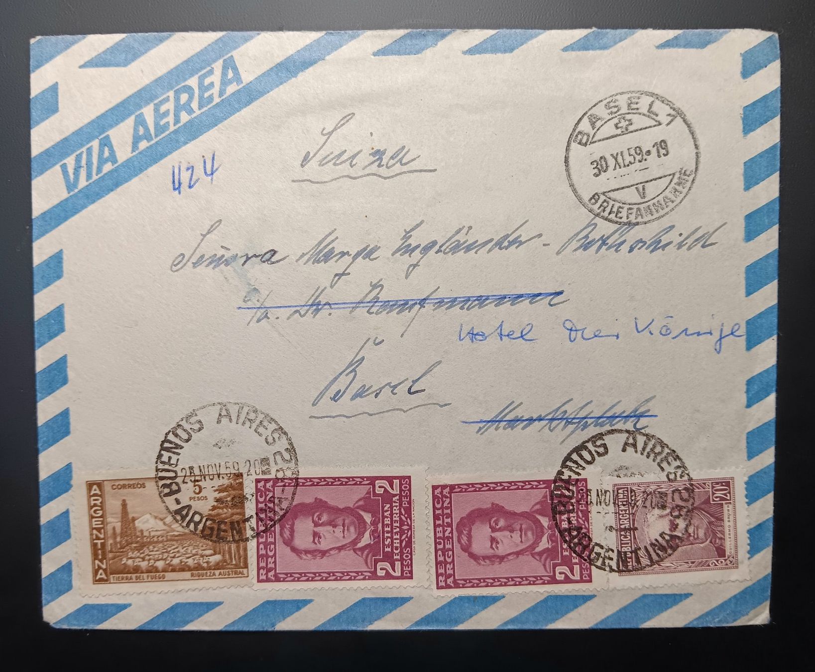 Tutti i francobolli: ARGENTINIEN, FLUGBRIEF NACH BASEL 1959 – Usato da Holderbank AG venduto da DINOS-PHILA