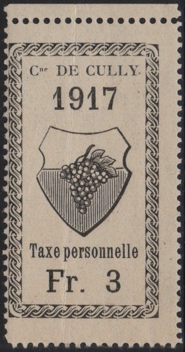Alle Briefmarken: 3 Fr. Fiskalmarke der Gemeinde CULLY - 1917 – Gebraucht aus Eglisau von Chperfins