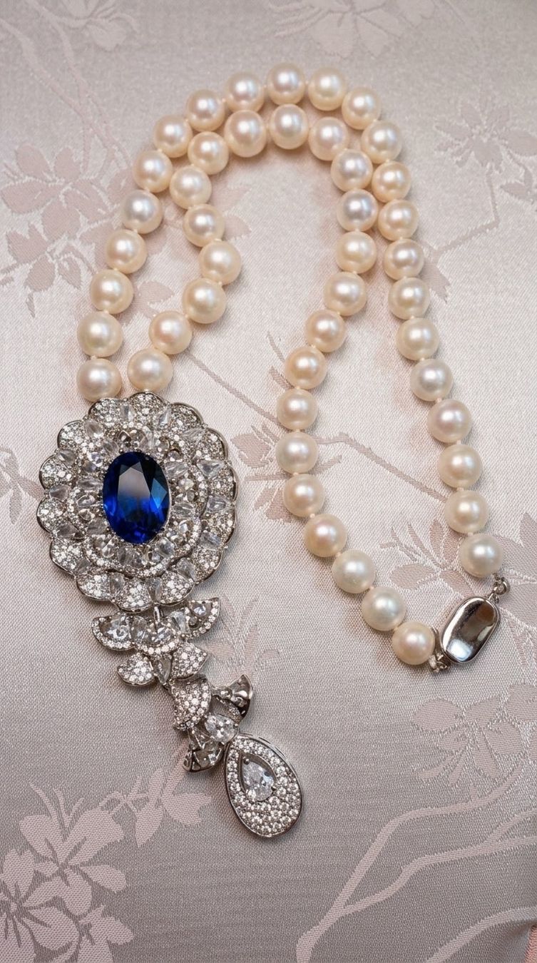 Catenine: Collier Perles eau douce et pendentif saphir – Nuovo e nell'imballaggio originale da St-Maurice venduto da Sandrinette123 2