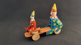 2 Holz-Clowns auf Rädern, Vintage Spielzeug