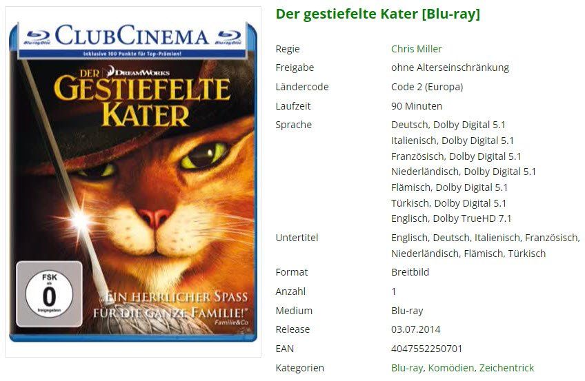 Tutti i DVDs: Der gestiefelte Kater (Bluray) – Usato da Buchrain venduto da Sssschaller