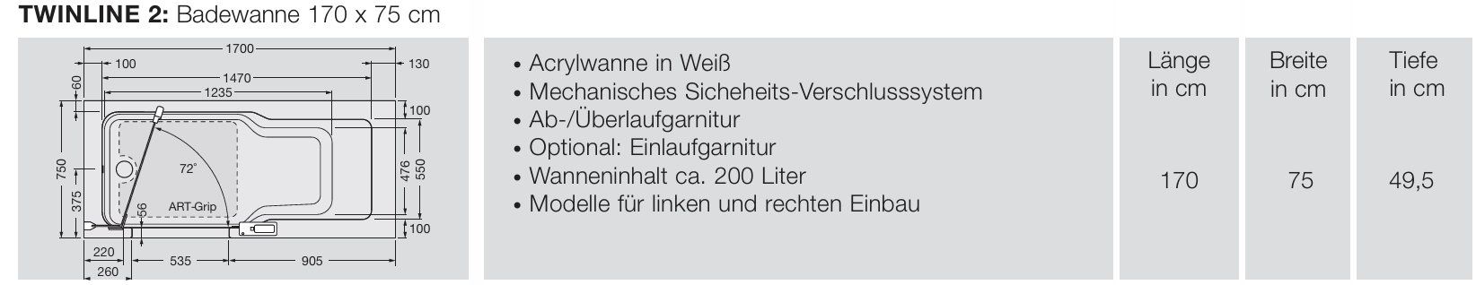 Artweger Vasche da bagno: 118 Duschbadewanne Artweger Twinline 2, 170x75cm – Nuovo (secondo la descrizione) da Derendingen venduto da Meisterstuecke 2