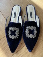 Elegant Blue Velvet Mules with Crystal Buckle, Size 38