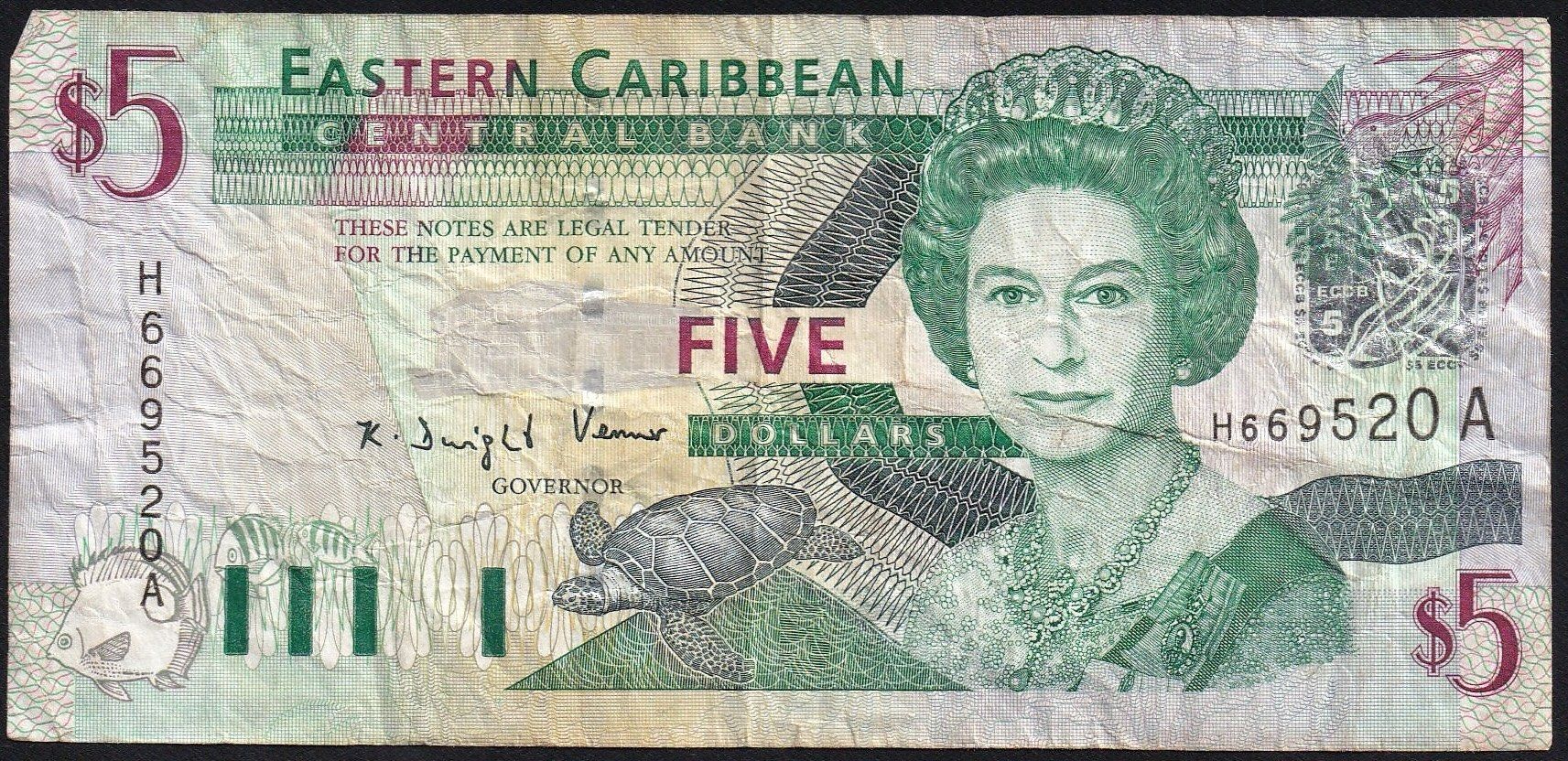 Banconote: Antigua Eastern Caribbean Staates 5 Dollars 2003 – Usato da Brugg AG venduto da banknoten_muesli