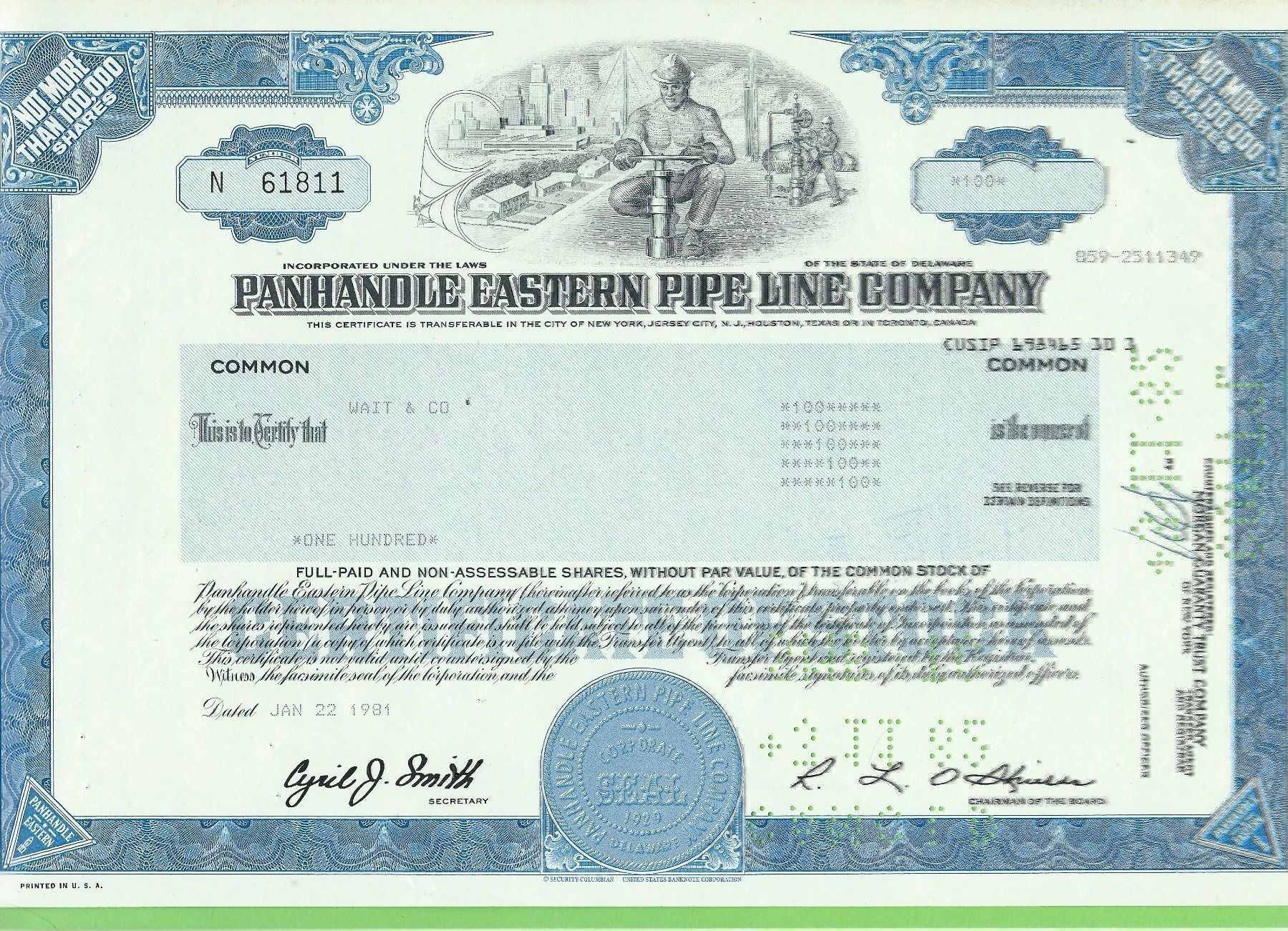 Toutes les monnaies: Panhandle Eastern Pipe Line Co. 1981 – D'occasion à Zürich par t24_de