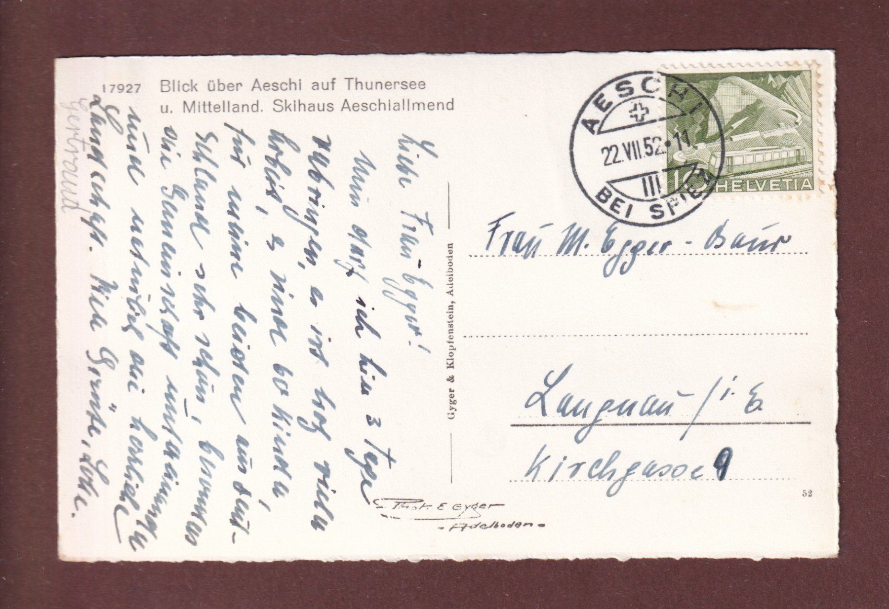 Cartoline postali: Blick über AESCHI auf Thunersee - 1952 – Usato da Pully venduto da nicecards-shop 1