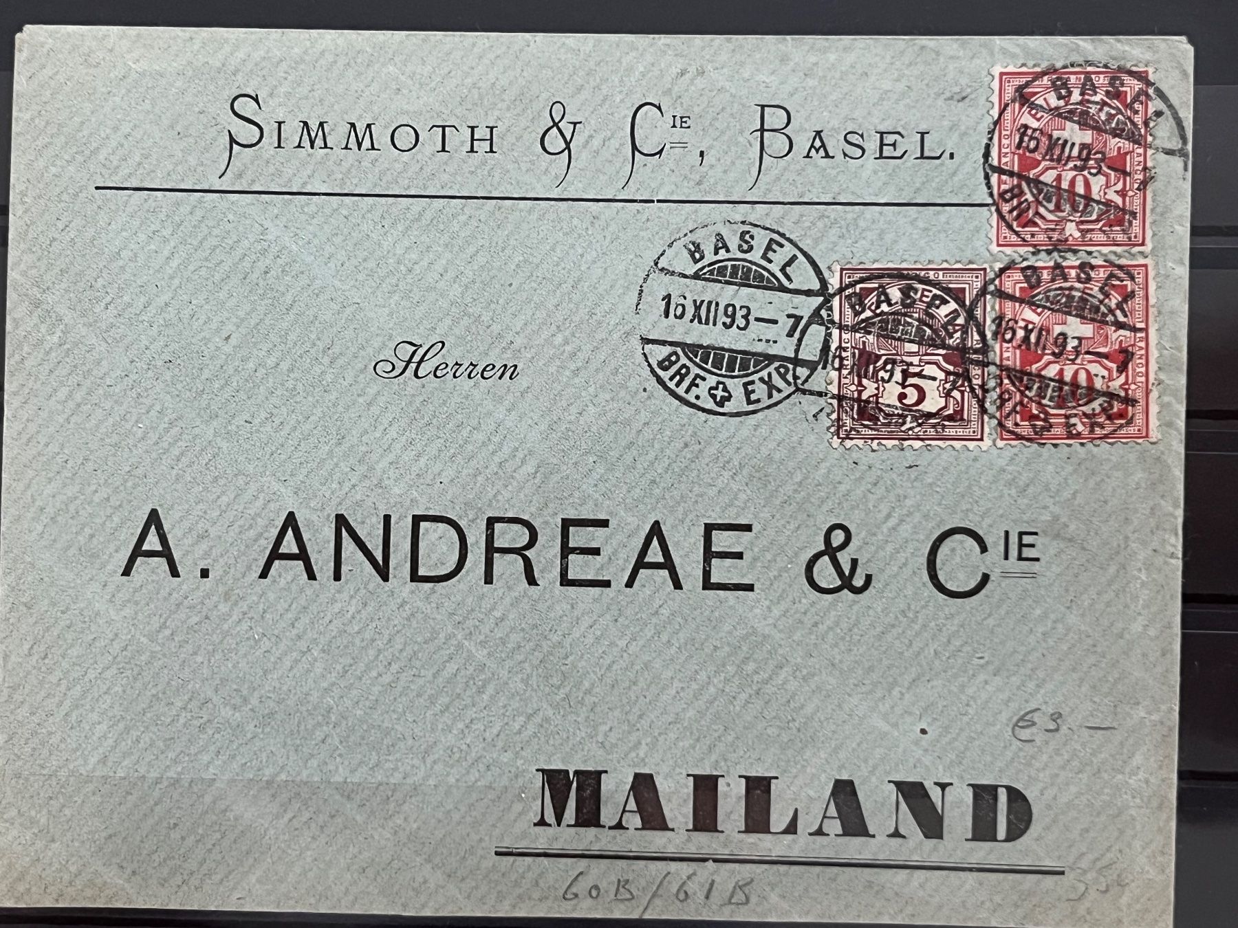 Tutti i francobolli: Brief Wertziffern, 1893, Basel nach Mailand – Usato da Romanshorn venduto da luxcollect