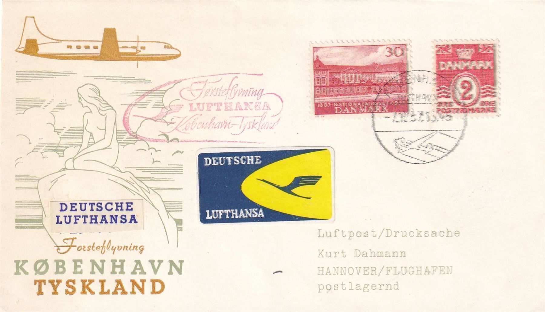 Tutti i francobolli: Erstflug Lufthansa Kopenhagen - Hannover 1958 – Usato da Baar venduto da Asmara111
