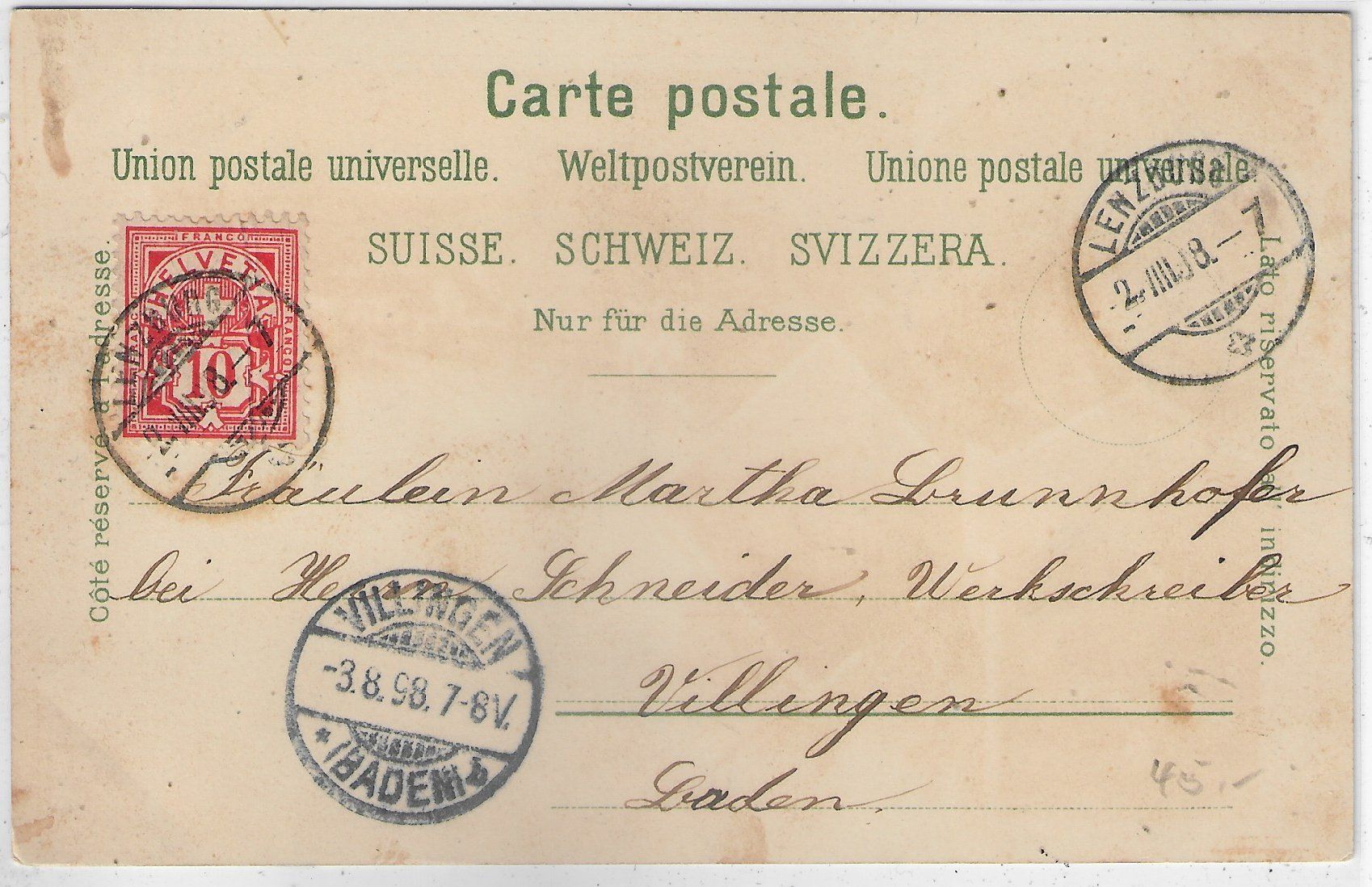 Ansichtskarten: Gruss aus Lenzburg - Litho 1898 – Gebraucht aus Ettingen von Kartenplanet 1