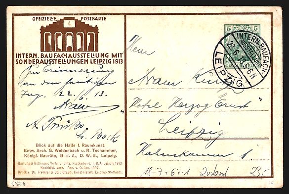 Cancelleria postale: Leipzig, Intern. Baufachausstellung 1913 – Usato da Berlin venduto da bartko-reher 1