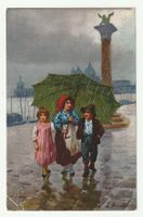 Postkarte 1919 Drei Kinder im Regen auf Markusplatz Venedig