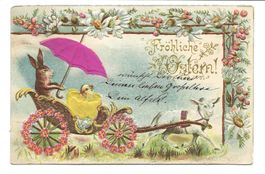 Fröhliche Ostern - Hase - Küken Kutsche - Lamm - Präge-Litho