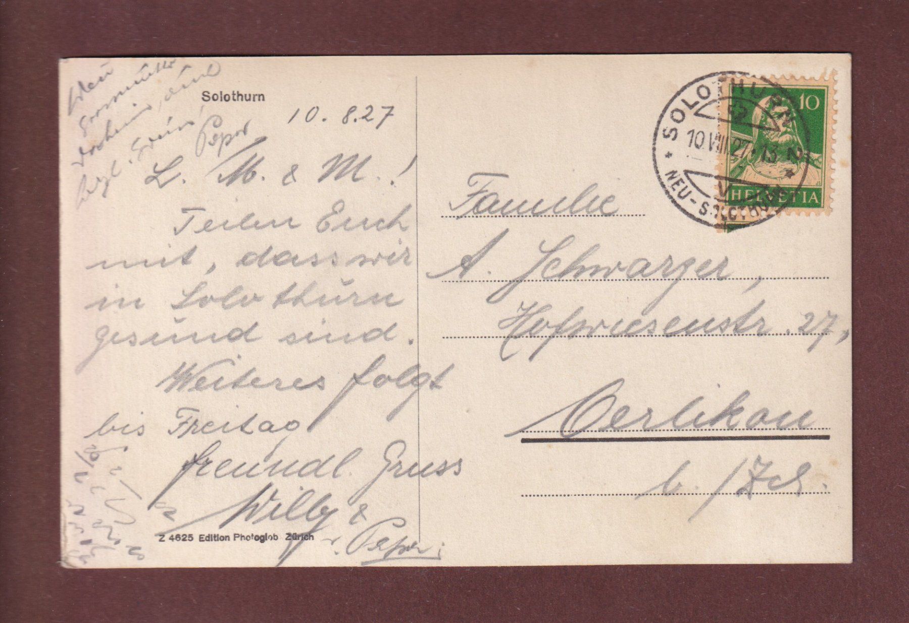 Cartoline postali: SOLOTHURN - Teilansicht - 1927 – Usato da Pully venduto da nicecards-shop 1