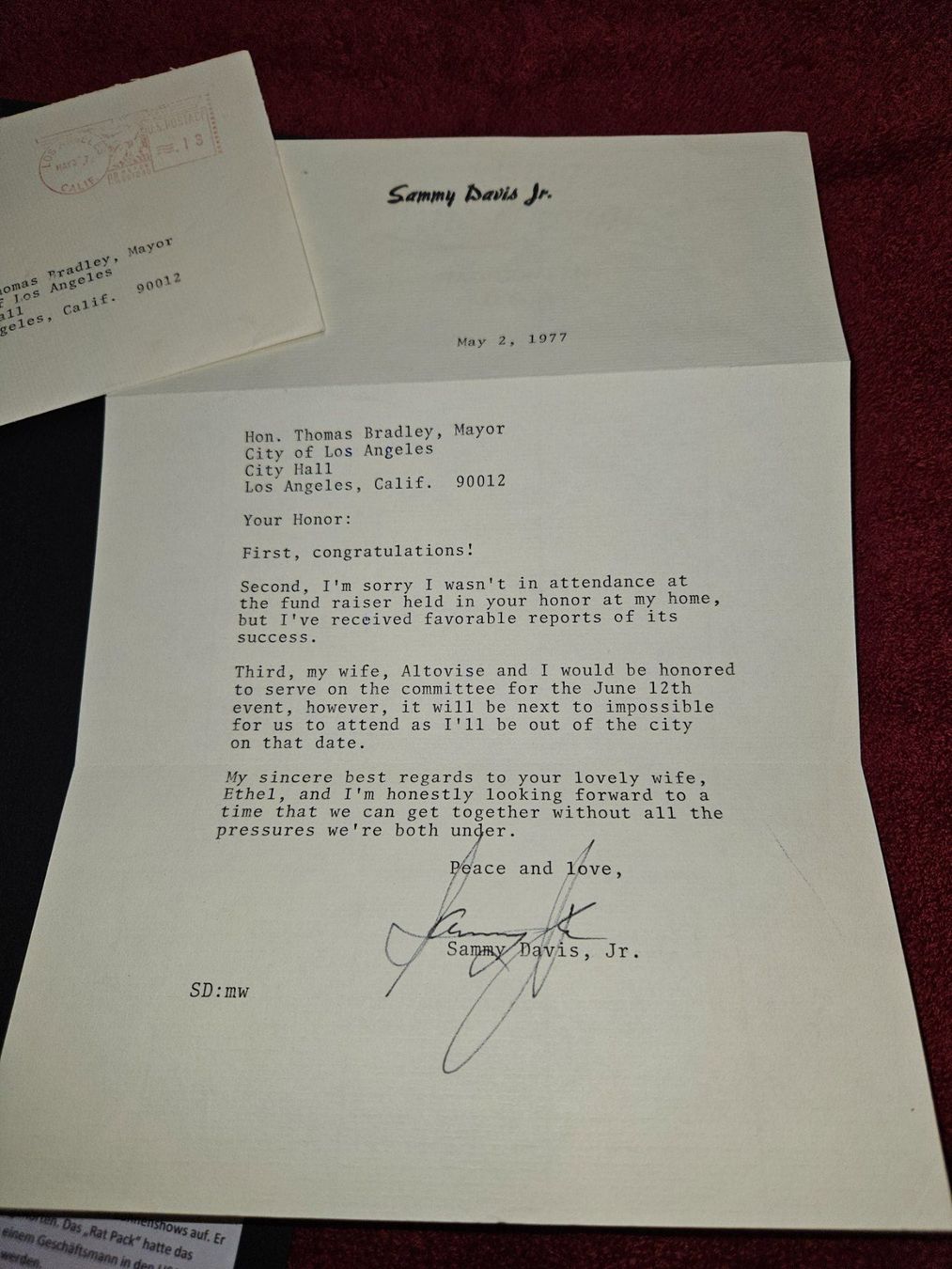 Autogramme: Sammy Davis Jr. Brief, handsigniert m. Couvert Calif. 1977 – Gebraucht aus Gunzwil von Charro03 3