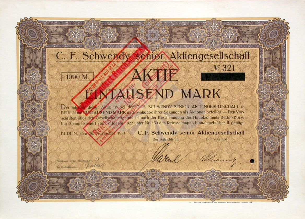 Dokumente: C.F. Schwendy senior AG, Berlin - 1921 – Gebraucht aus Solothurn von Sgasche
