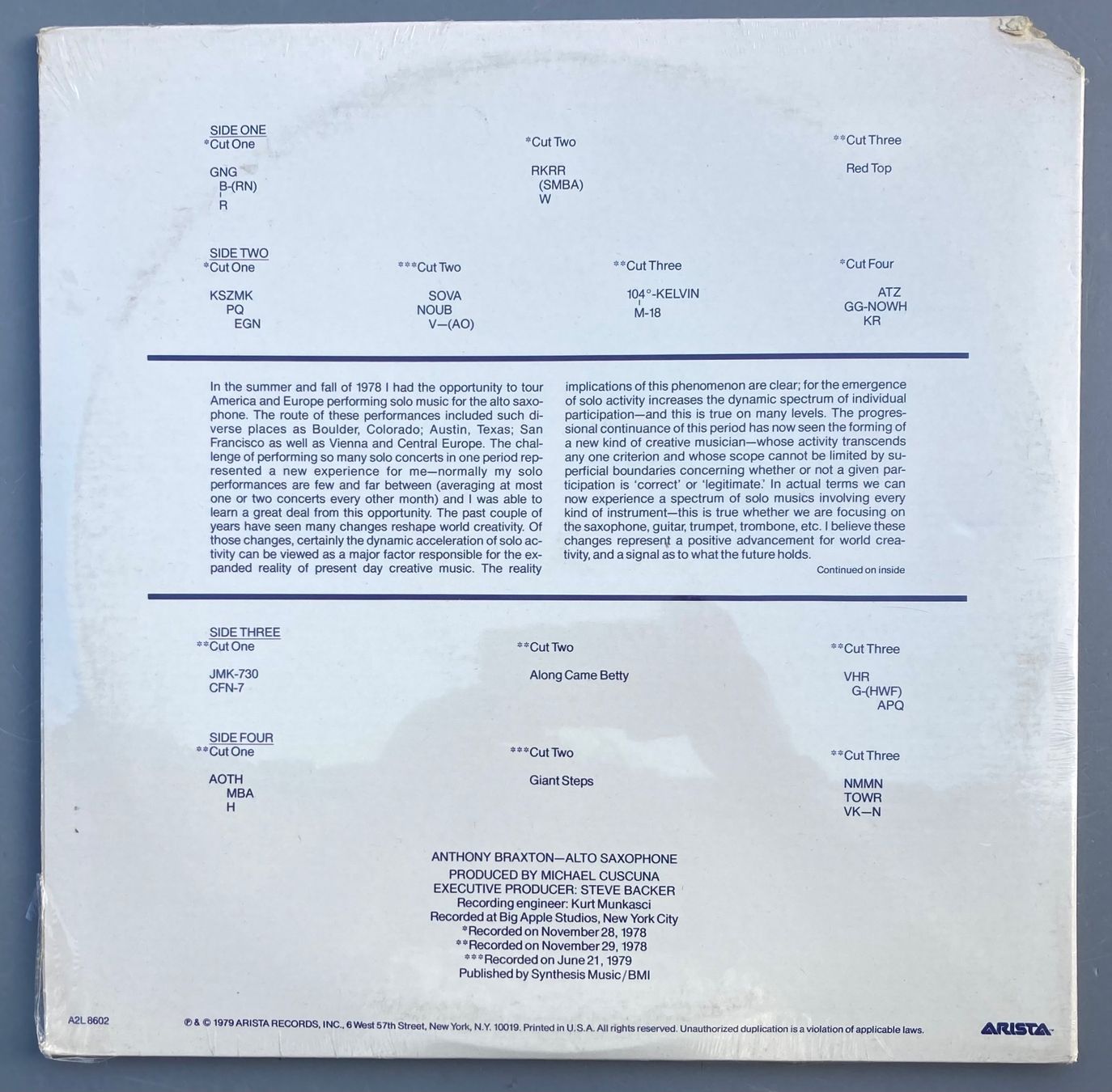 Schallplatten: ANTHONY BRAXTON - ALTO SAXOPHONE IMPROVISATIONS 1979 – Neu und originalverpackt aus Poliez-Pittet von Newtown-Records 1