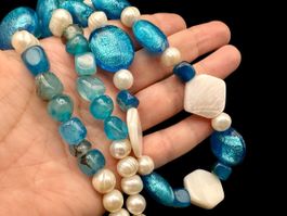 Unikat 💎 Perlenkette aus Silberfolieperlen, Perlmutt, Achat