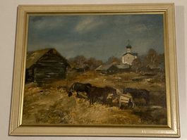 Landschaftsgemälde nicht signiert mit Dorf, Häuser, Pferde