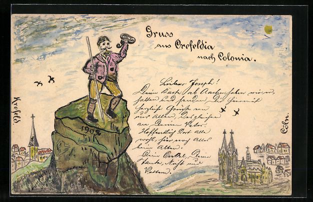 Cartoline postali: Handgemalt: Krefeld, Wanderer grüsst Ri – Usato da Berlin venduto da bartko-reher