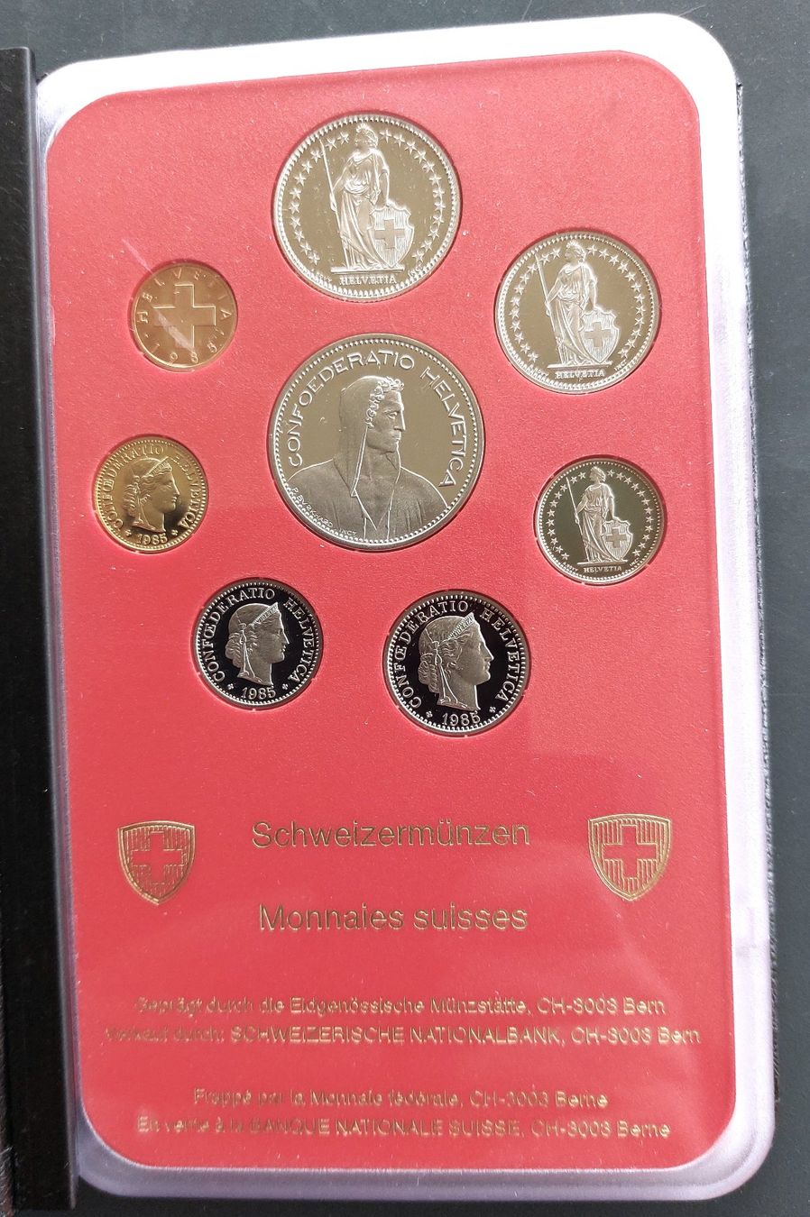 Tutti le monete: CH - Münzsatz 1985 pp – Nuovo e nell'imballaggio originale da Arch venduto da moneyswiss 3