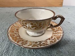 Langenthaler Moccatasse & Unterteller weiss golddecor antik