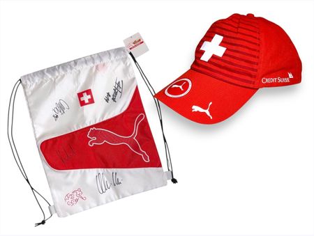 Puma Cap (Rot) & Turnbeutel (Signiert) Set Schweizer Nati