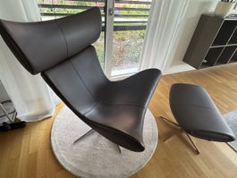 Design Sessel Imola mit Hocker Leder dunkelbraun drehba