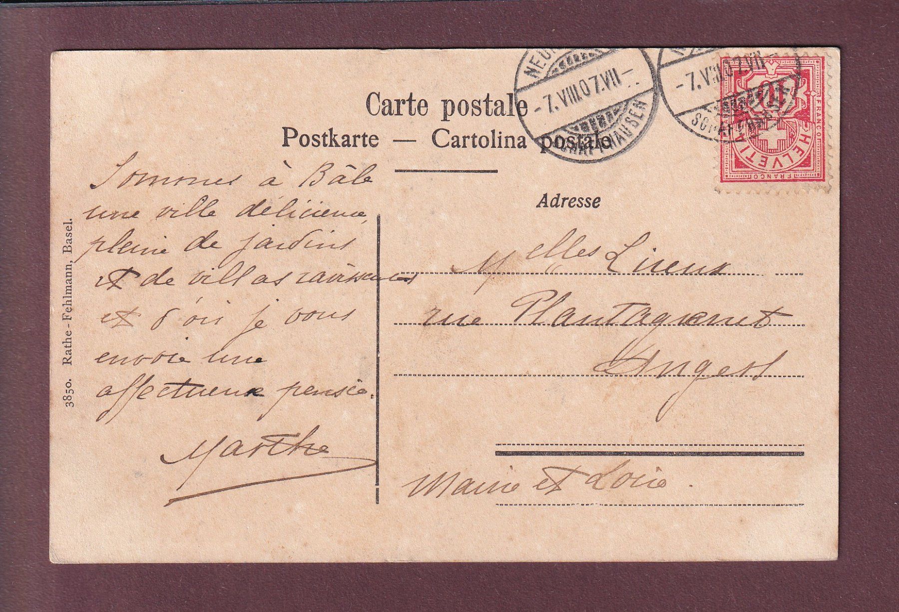 Cartoline postali: BASEL - Mittlere Rheinbrücke - Boot - 1907 – Usato da Pully venduto da nicecards 1